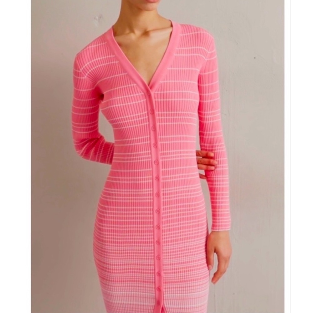 STAUD Pink Striped Ribbed Button-Front Midi Dress - Picture 4 of 9